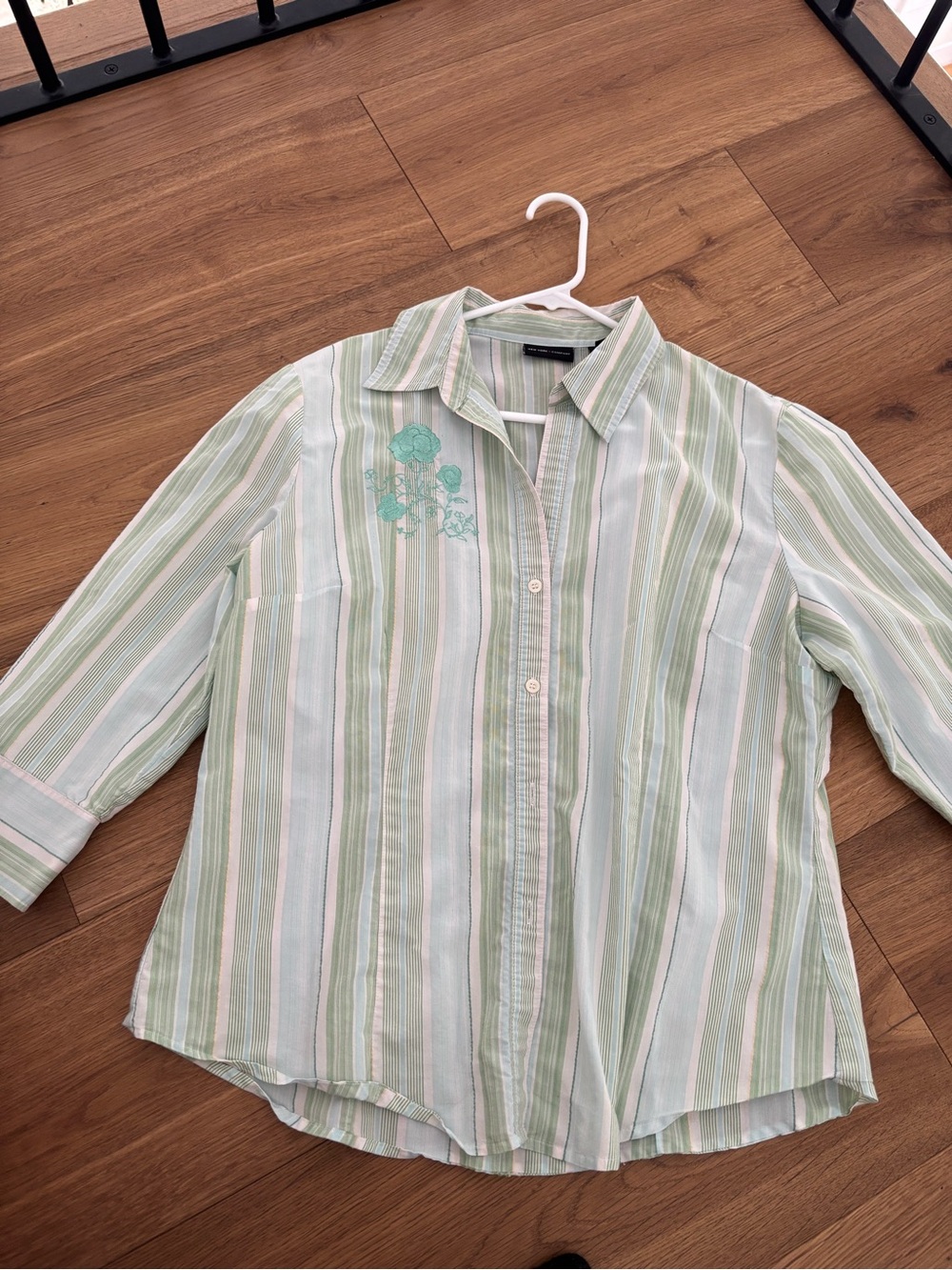 Light Green Striped Button-Up Shirt with Floral Detail - Kids